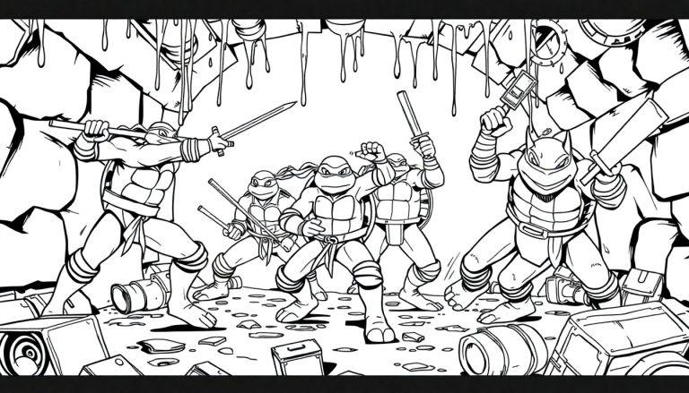 Farbtafel: Teenage Mutant Ninja Turtles bereit für den Kampf in der Kanalisation.