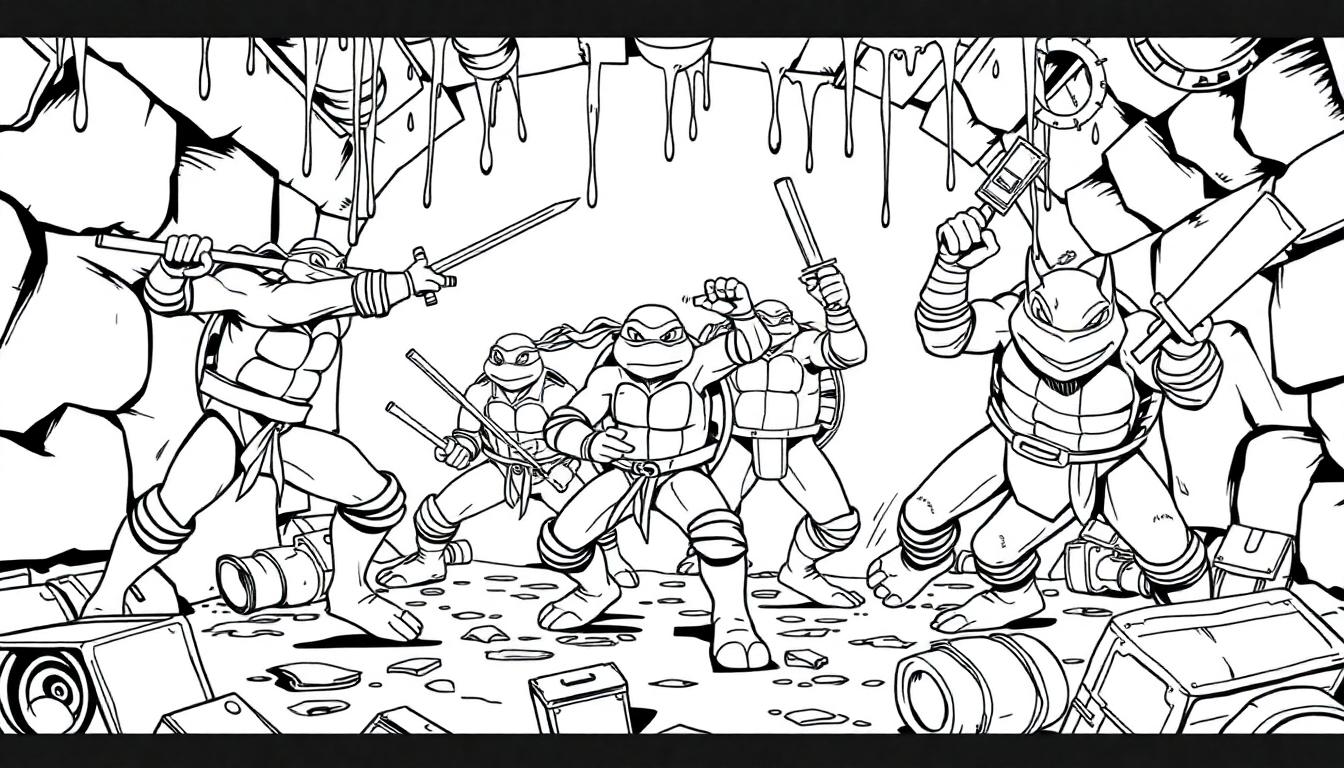Farbtafel: Teenage Mutant Ninja Turtles bereit für den Kampf in der Kanalisation.
