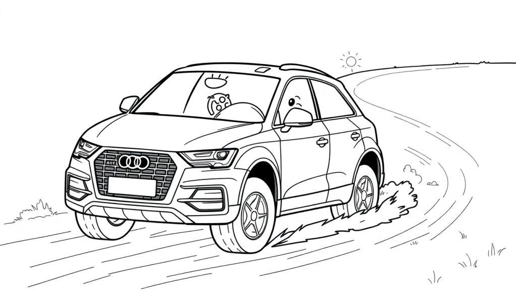 Eine Schwarz-Weiß-Farbtafel eines Audi Q3 Rallyewagens auf einer kurvigen Straße.