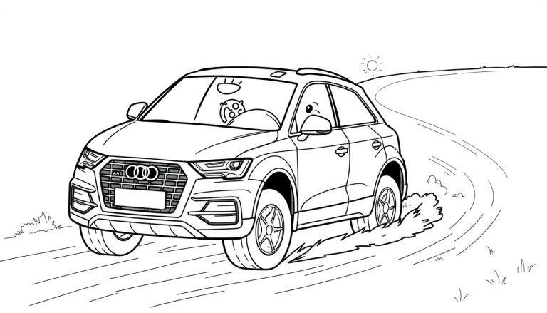 Eine Schwarz-Weiß-Farbtafel eines Audi Q3 Rallyewagens auf einer kurvigen Straße.