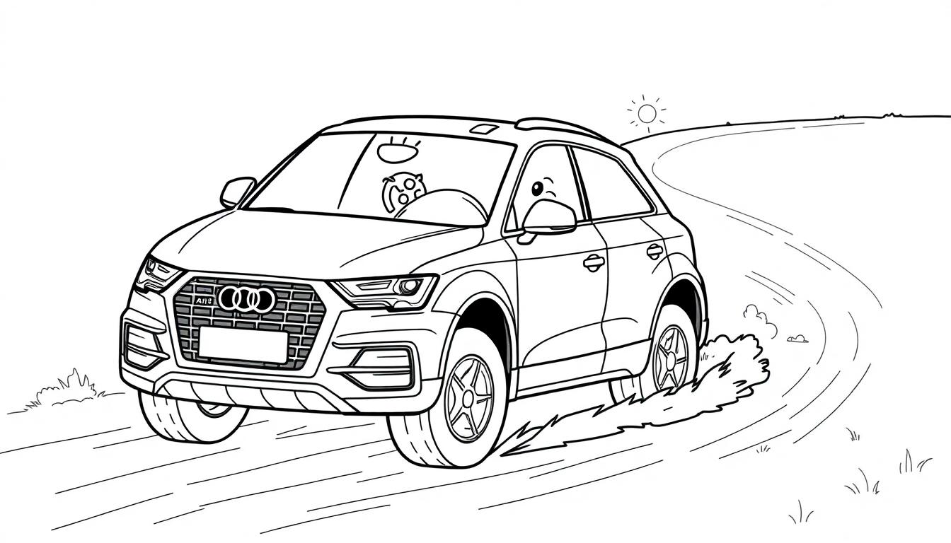 Eine Schwarz-Weiß-Farbtafel eines Audi Q3 Rallyewagens auf einer kurvigen Straße.
