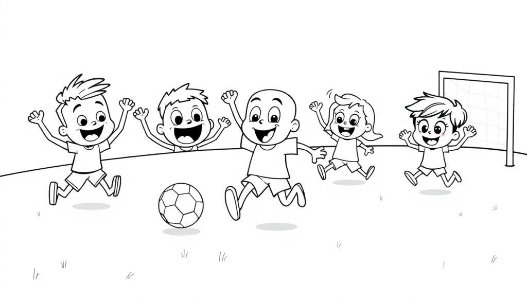 Schwarz-weiße Farbtafel von fünf aufgeregten Kindern, die Fußball spielen, mit einem Ball in der Mitte und einem Tor im Hintergrund.