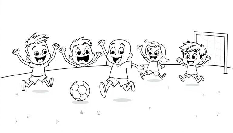 Schwarz-weiße Farbtafel von fünf aufgeregten Kindern, die Fußball spielen, mit einem Ball in der Mitte und einem Tor im Hintergrund.