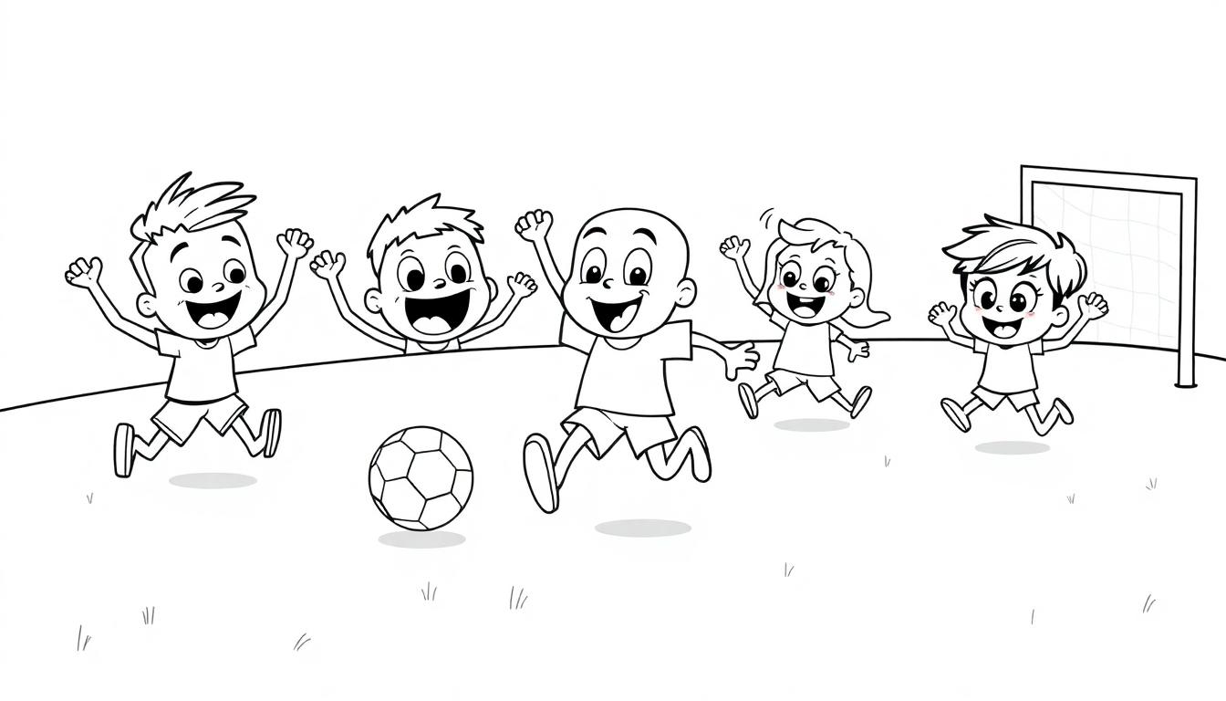 Schwarz-weiße Farbtafel von fünf aufgeregten Kindern, die Fußball spielen, mit einem Ball in der Mitte und einem Tor im Hintergrund.