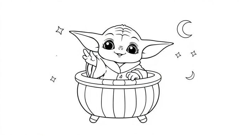 Farbtafel mit Baby Yoda in einem Topf