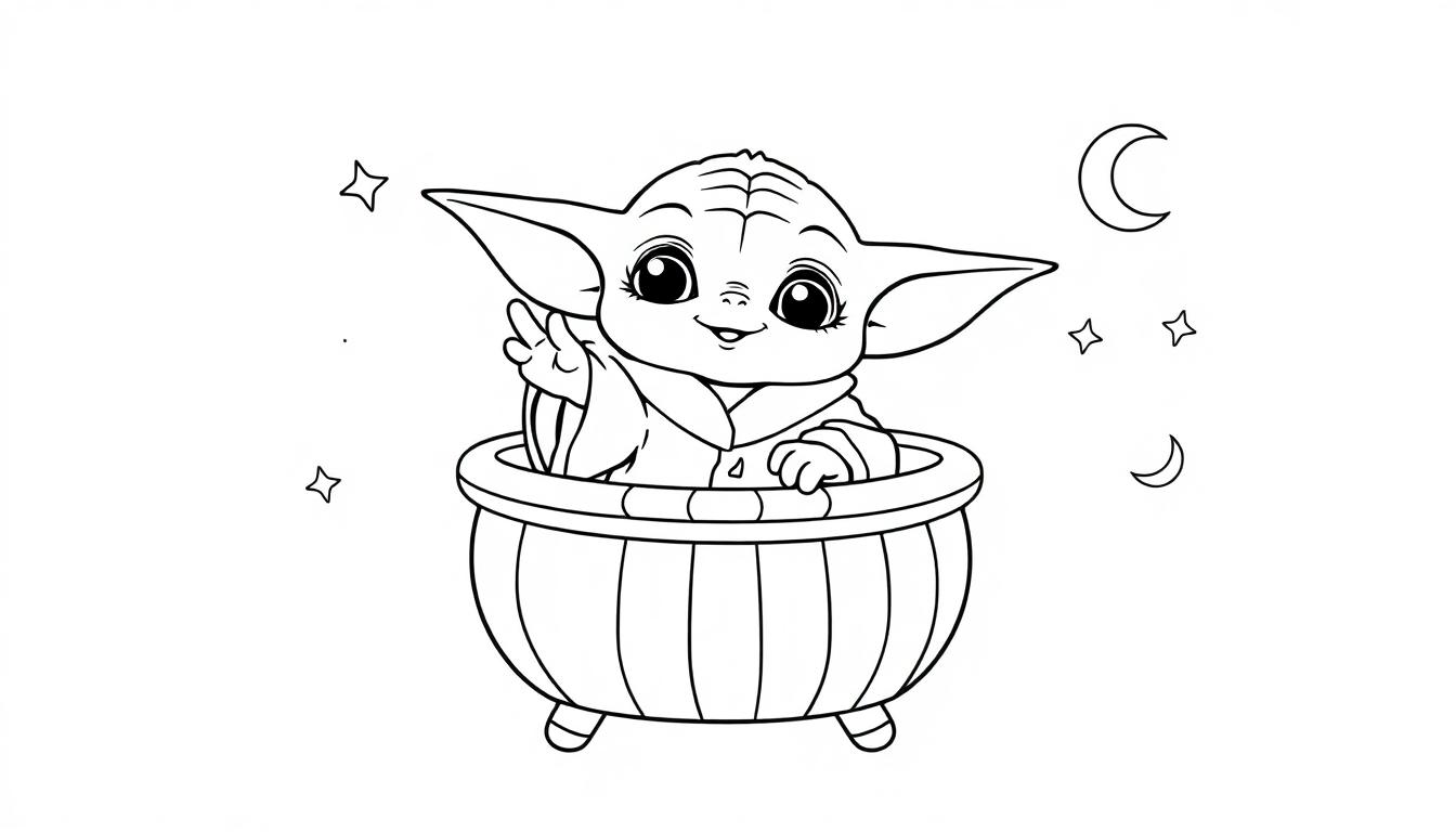 Farbtafel mit Baby Yoda in einem Topf