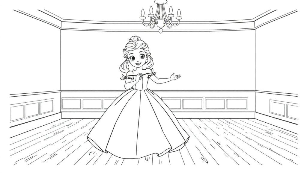 Farbtafel einer eleganten Frau in einem Ballsaal, bereit für einen Tanz.
