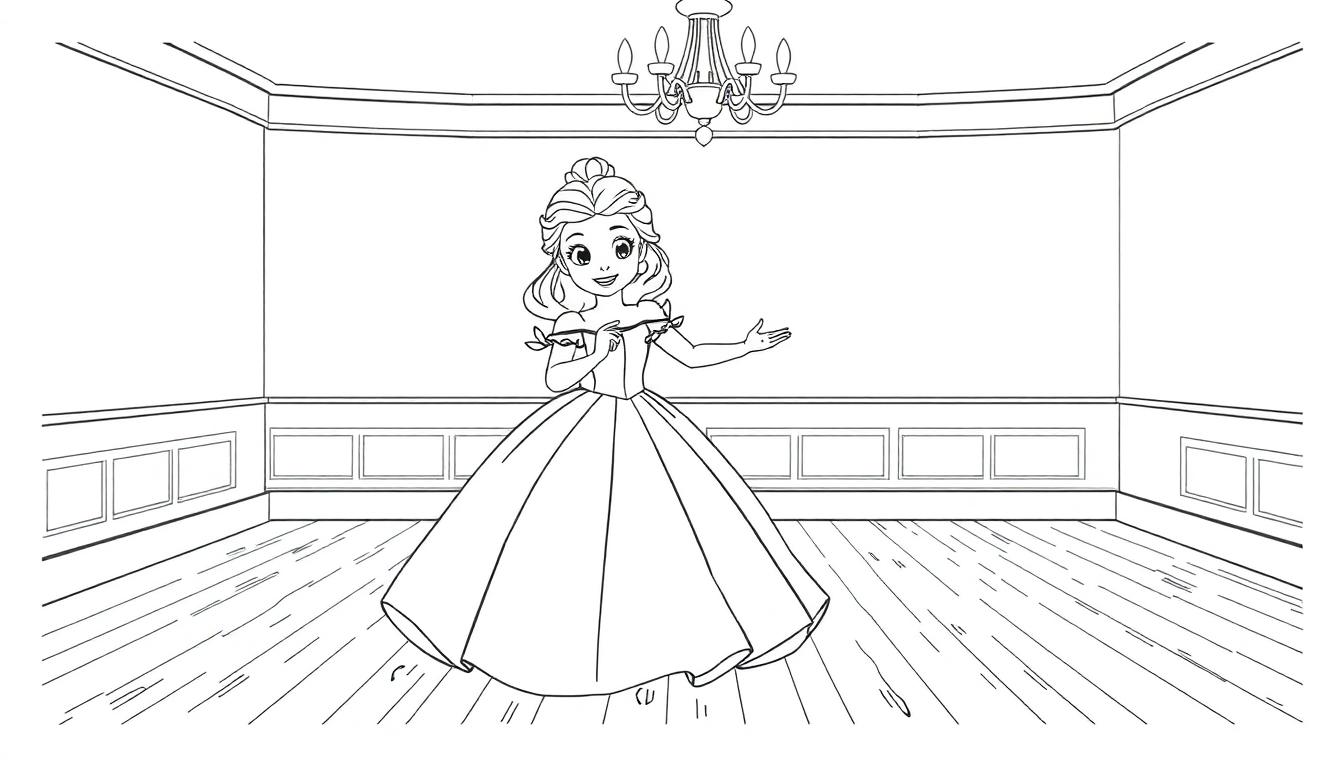 Farbtafel einer eleganten Frau in einem Ballsaal, bereit für einen Tanz.