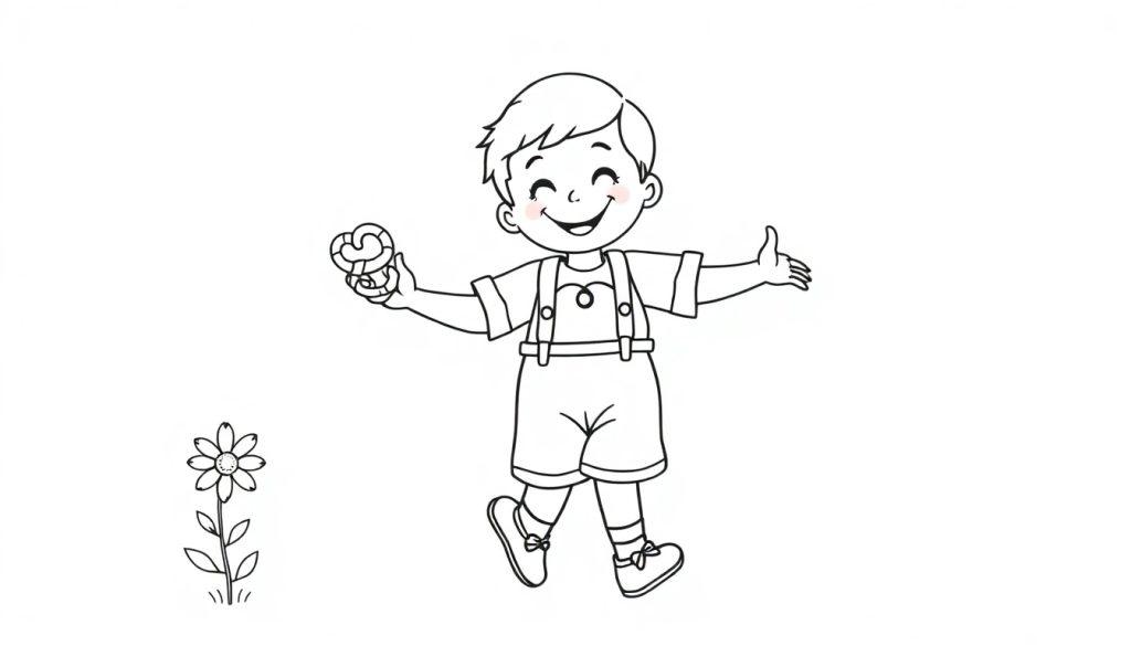 Farbtafel: Ein lächelnder Junge in bayerischer Tracht mit einer herzförmigen Brezel und einem Gänseblümchen.