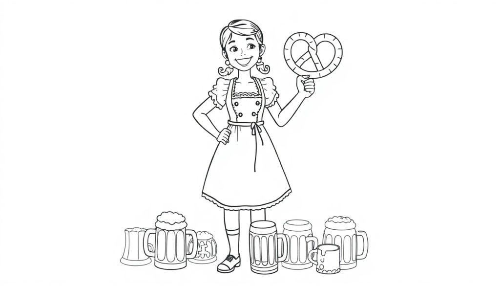 Farbtafel: Ein niedliches bayerisches Mädchen im Dirndl hält eine Brezel vor Bierkrügen.