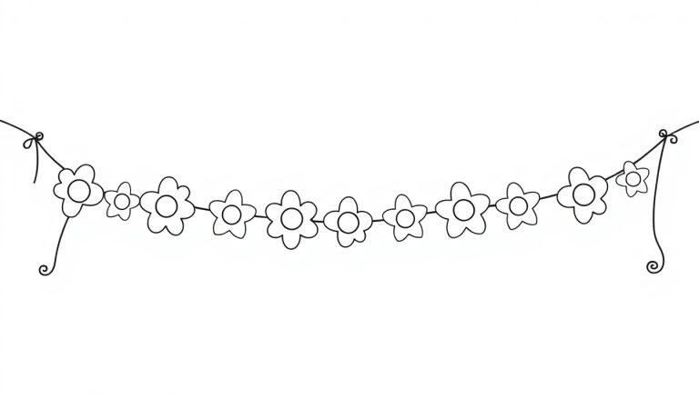 Eine Schwarz-Weiß-Farbtafel einer Blumen-Girlande mit Schleifen.