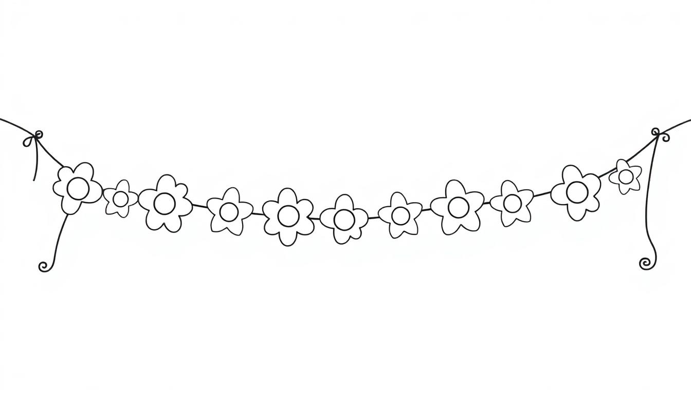 Eine Schwarz-Weiß-Farbtafel einer Blumen-Girlande mit Schleifen.