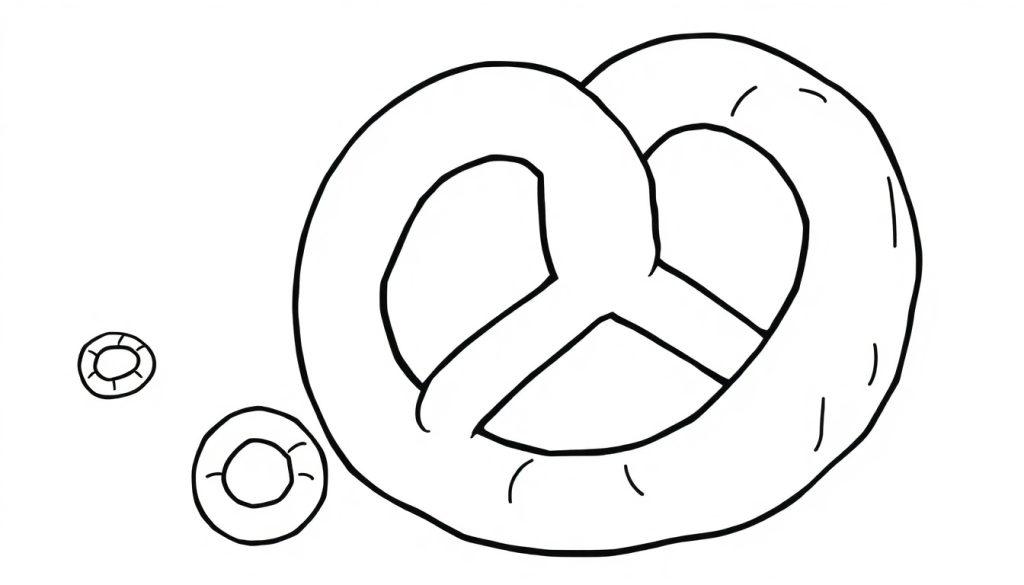 Schwarz-weiße Farbtafel mit einem großen Brezel im Vordergrund und zwei kleinen runden Keksen in der unteren linken Ecke.