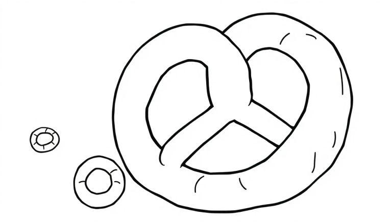 Schwarz-weiße Farbtafel mit einem großen Brezel im Vordergrund und zwei kleinen runden Keksen in der unteren linken Ecke.