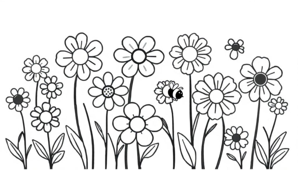 Eine Schwarz-Weiß-Farbtafel mit einfachen Blumenzeichnungen und einer Biene.