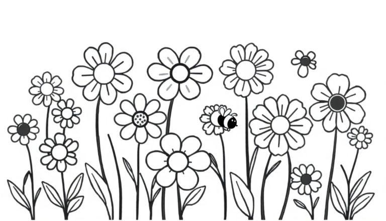 Eine Schwarz-Weiß-Farbtafel mit einfachen Blumenzeichnungen und einer Biene.