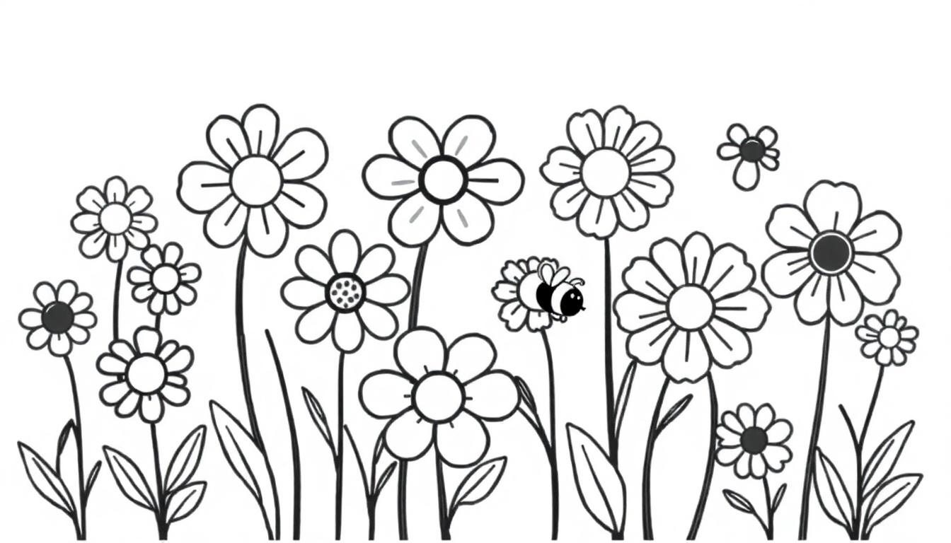 Eine Schwarz-Weiß-Farbtafel mit einfachen Blumenzeichnungen und einer Biene.