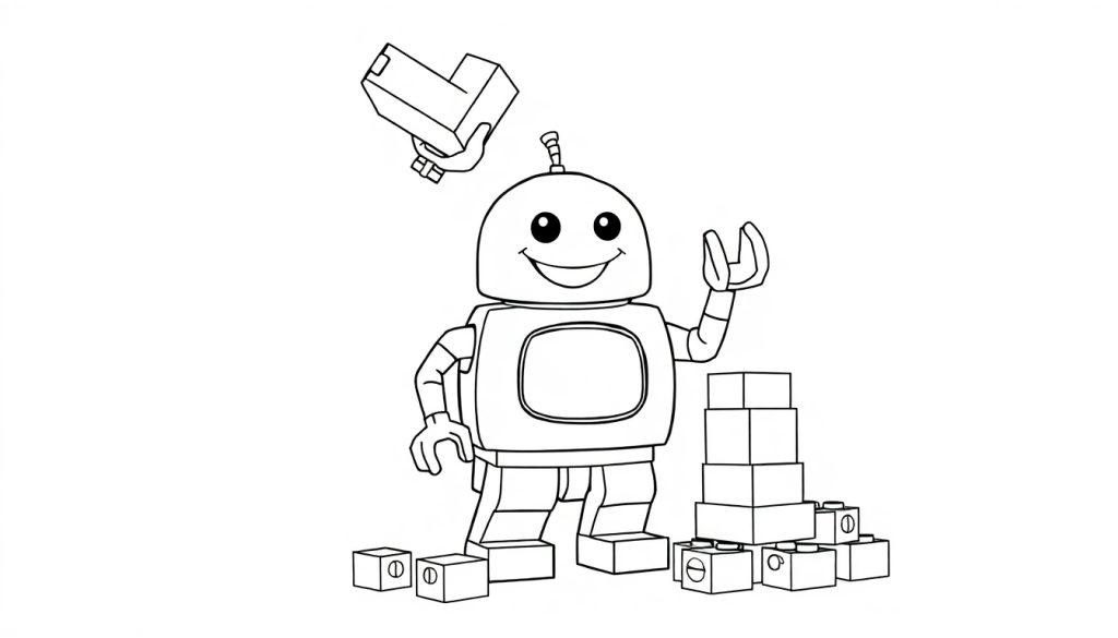 Farbtafel: Ein Cartoon-Roboter mit großen Augen baut einen Turm aus bunten Lego-Steinen.
