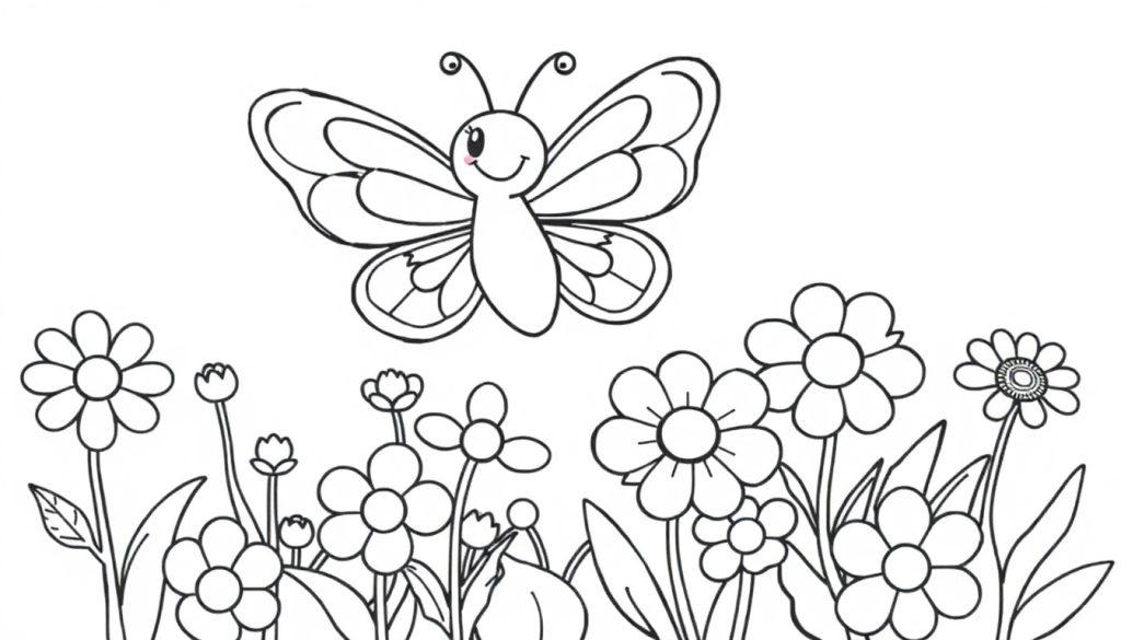 Schwarz-weiße Farbtafel eines lächelnden Schmetterlings mit bunten Flügeln über einer bunten Blumenwiese.