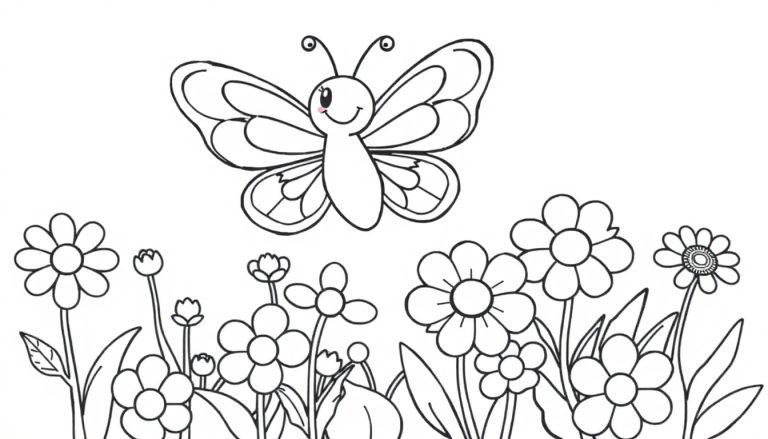 Schwarz-weiße Farbtafel eines lächelnden Schmetterlings mit bunten Flügeln über einer bunten Blumenwiese.