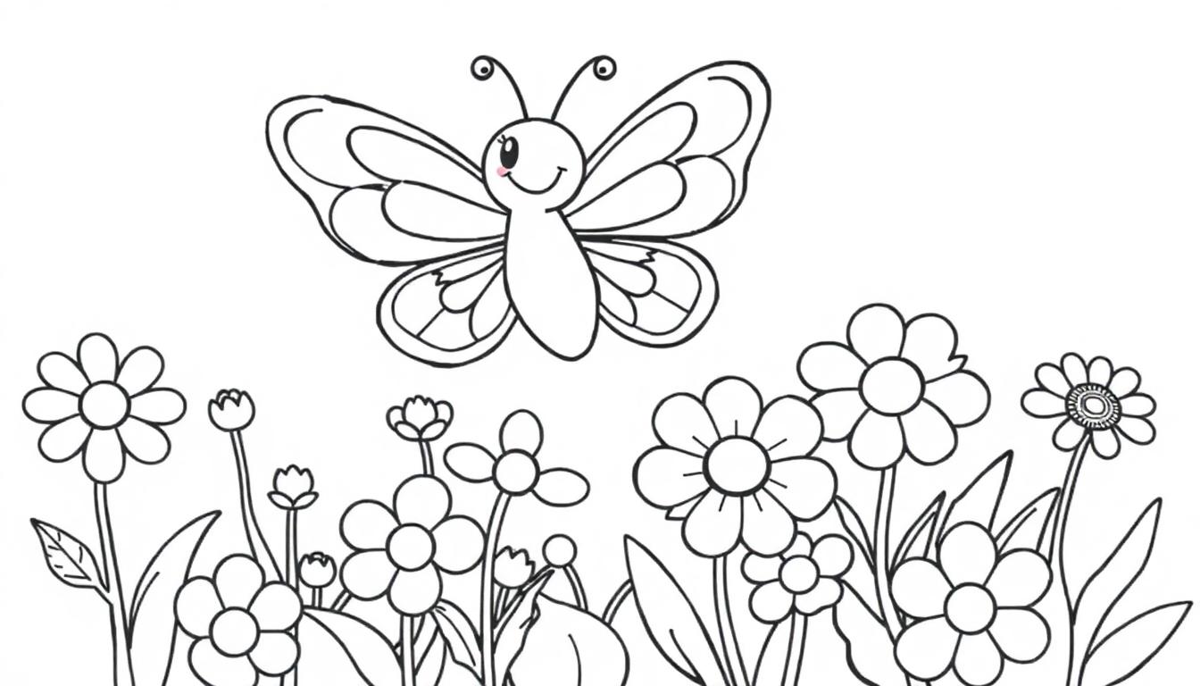 Schwarz-weiße Farbtafel eines lächelnden Schmetterlings mit bunten Flügeln über einer bunten Blumenwiese.