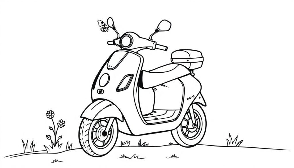 Eine Schwarz-Weiß-Strichzeichnung eines Cartoon-Motorrollers mit einem Schmetterling auf dem Spiegel, bereit zum Ausmalen.