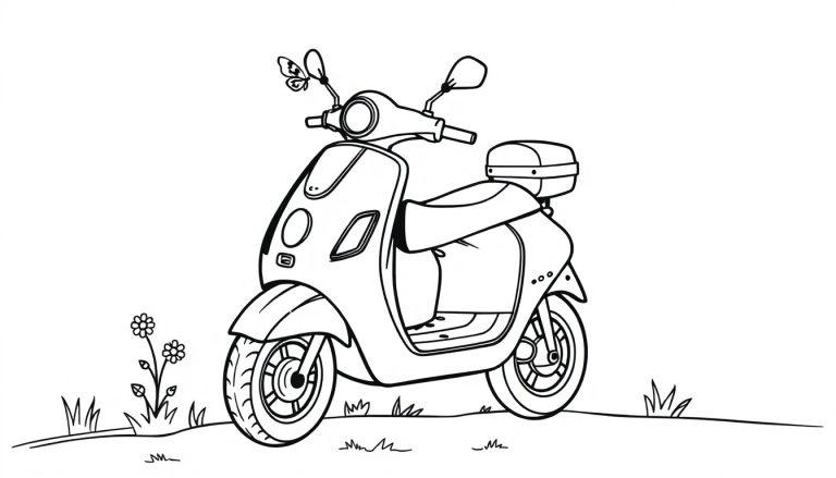 Eine Schwarz-Weiß-Strichzeichnung eines Cartoon-Motorrollers mit einem Schmetterling auf dem Spiegel, bereit zum Ausmalen.