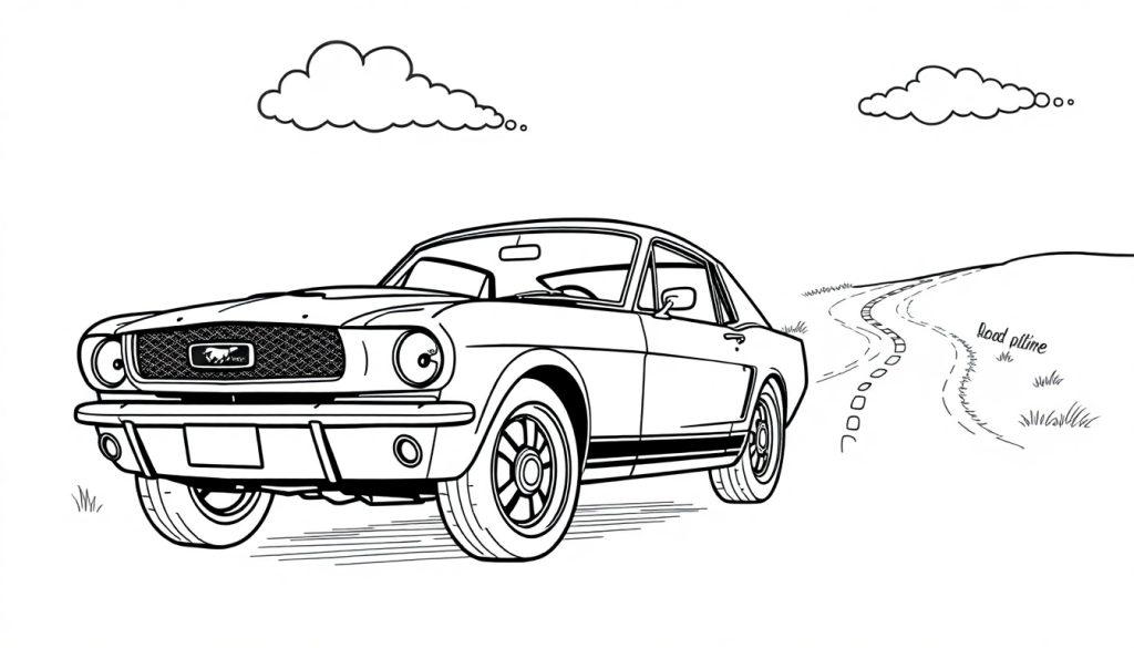 Farbtafel: Ein klassischer Ford Mustang in einer Schwarz-Weiß-Zeichnung, bereit zum Ausmalen.