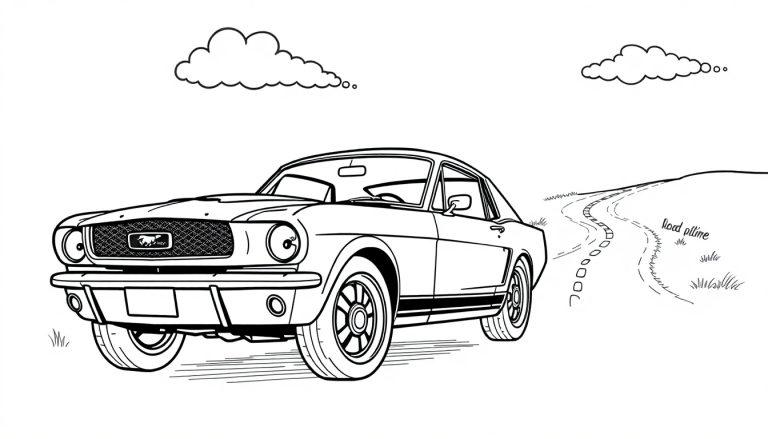 Farbtafel: Ein klassischer Ford Mustang in einer Schwarz-Weiß-Zeichnung, bereit zum Ausmalen.