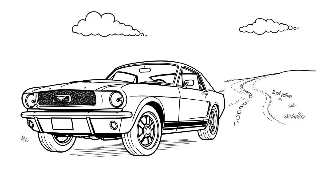 Farbtafel: Ein klassischer Ford Mustang in einer Schwarz-Weiß-Zeichnung, bereit zum Ausmalen.