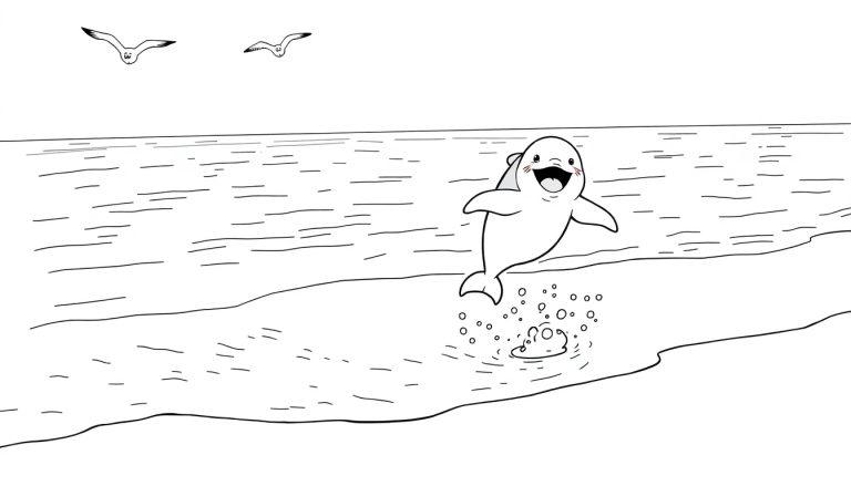 Schwarz-weiße Cartoon-Farbtafel eines lächelnden Delfins, der aus dem Meer zum Strand springt, mit Möwen im Hintergrund.