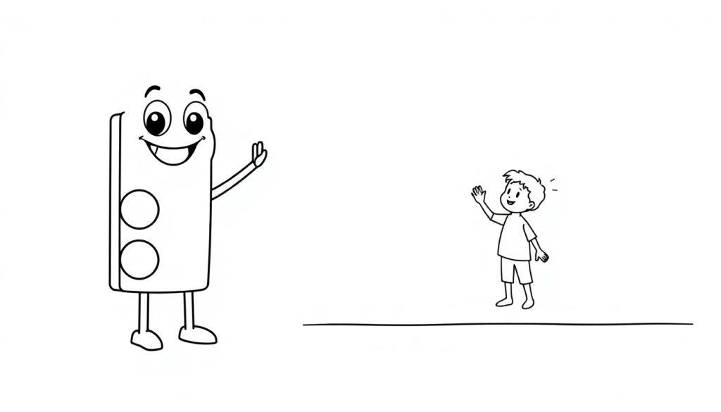 Farbtafel eines kleinen Jungen, der einer freundlichen, anthropomorphen Ampel winkt.
