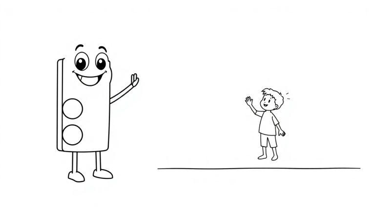 Farbtafel eines kleinen Jungen, der einer freundlichen, anthropomorphen Ampel winkt.