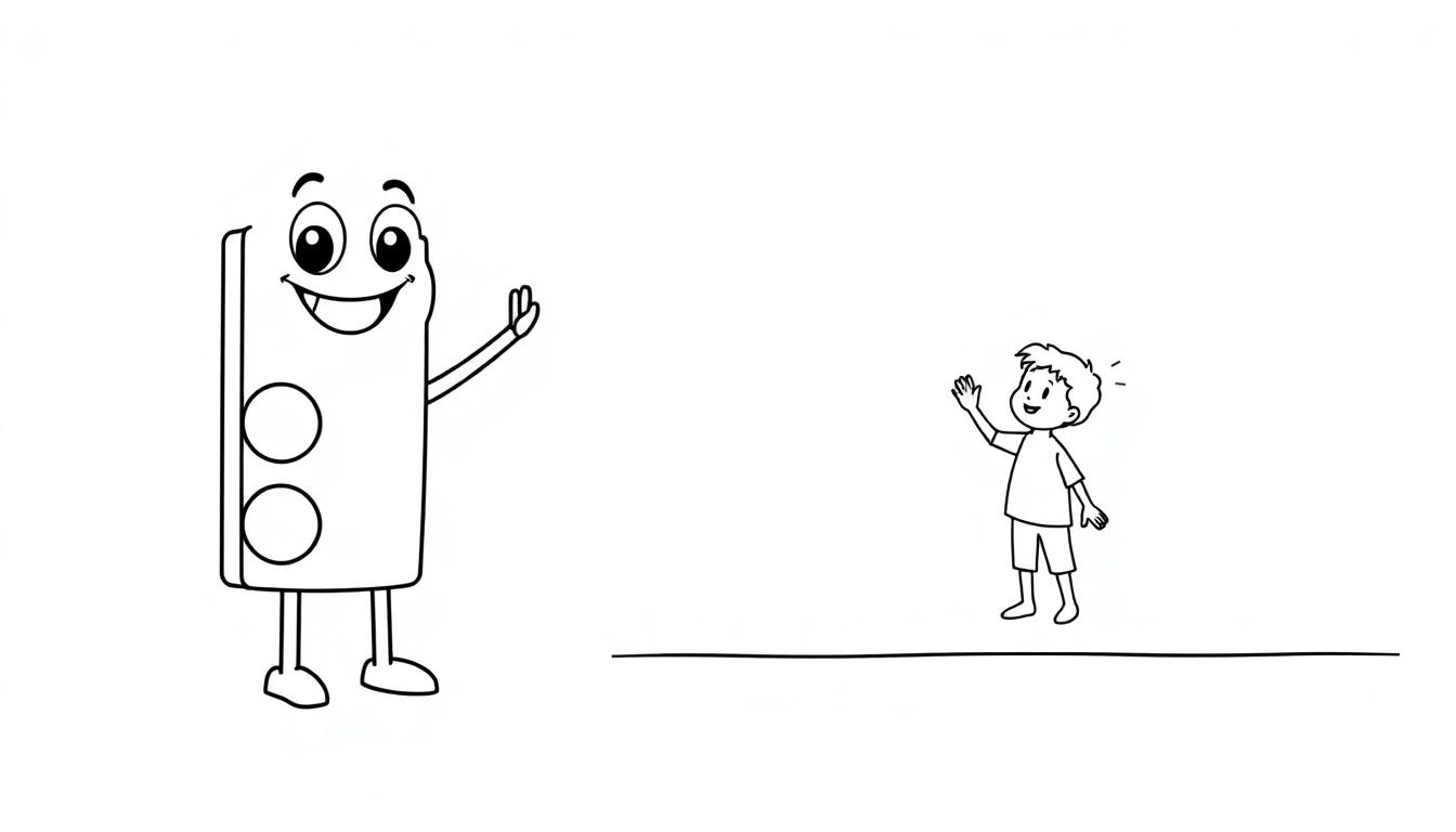 Farbtafel eines kleinen Jungen, der einer freundlichen, anthropomorphen Ampel winkt.