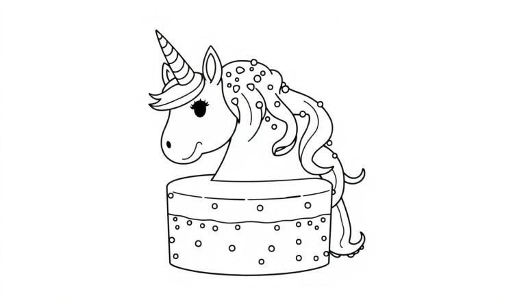 Farbtafel: Ein fröhlicher Einhorn-Kuchen mit Streuseln zum Ausmalen.
