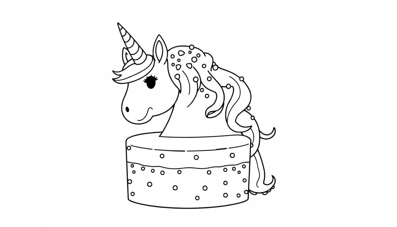 Farbtafel: Ein fröhlicher Einhorn-Kuchen mit Streuseln zum Ausmalen.