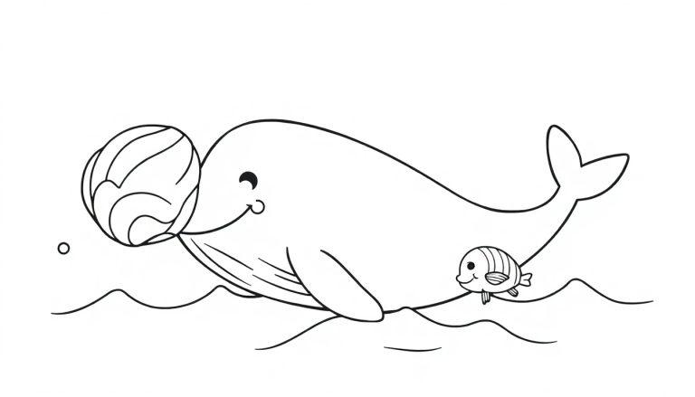 Schwarz-weiße Farbtafel: Ein fröhlicher Cartoon-Wal spielt mit einer Seemuschel im Ozean, begleitet von einem kleinen Fisch und sanften Wellen.