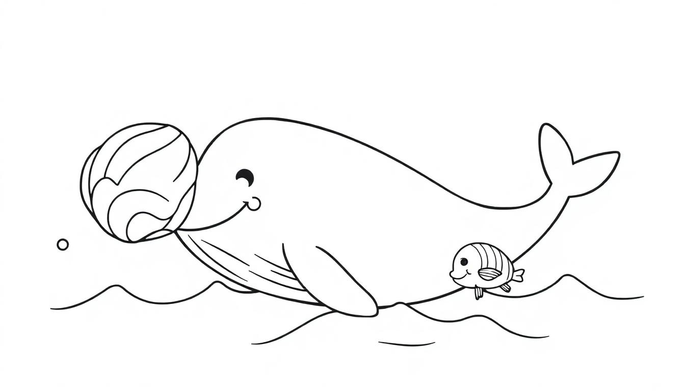 Schwarz-weiße Farbtafel: Ein fröhlicher Cartoon-Wal spielt mit einer Seemuschel im Ozean, begleitet von einem kleinen Fisch und sanften Wellen.