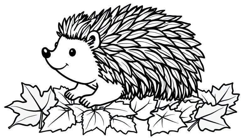 Schwarz-weiße Farbtafel: Ein stilisierter Igel mit spitzen Stacheln sitzt auf bunten Ahornblättern.