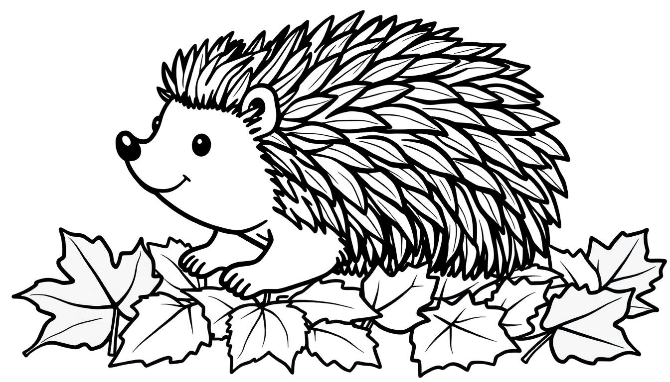 Schwarz-weiße Farbtafel: Ein stilisierter Igel mit spitzen Stacheln sitzt auf bunten Ahornblättern.