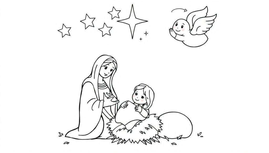 Eine Schwarz-Weiß-Farbtafel einer Krippenszene mit Maria, die auf das Jesuskind herabblickt, Sterne und einem winkenden Engel.