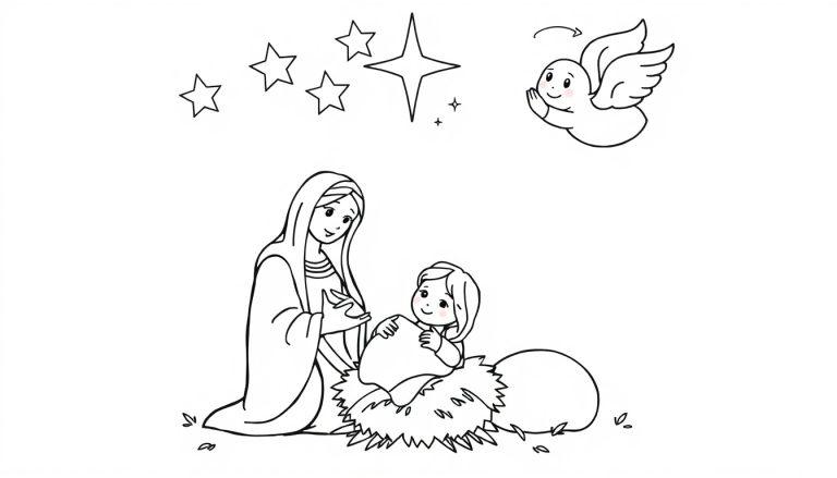 Eine Schwarz-Weiß-Farbtafel einer Krippenszene mit Maria, die auf das Jesuskind herabblickt, Sterne und einem winkenden Engel.