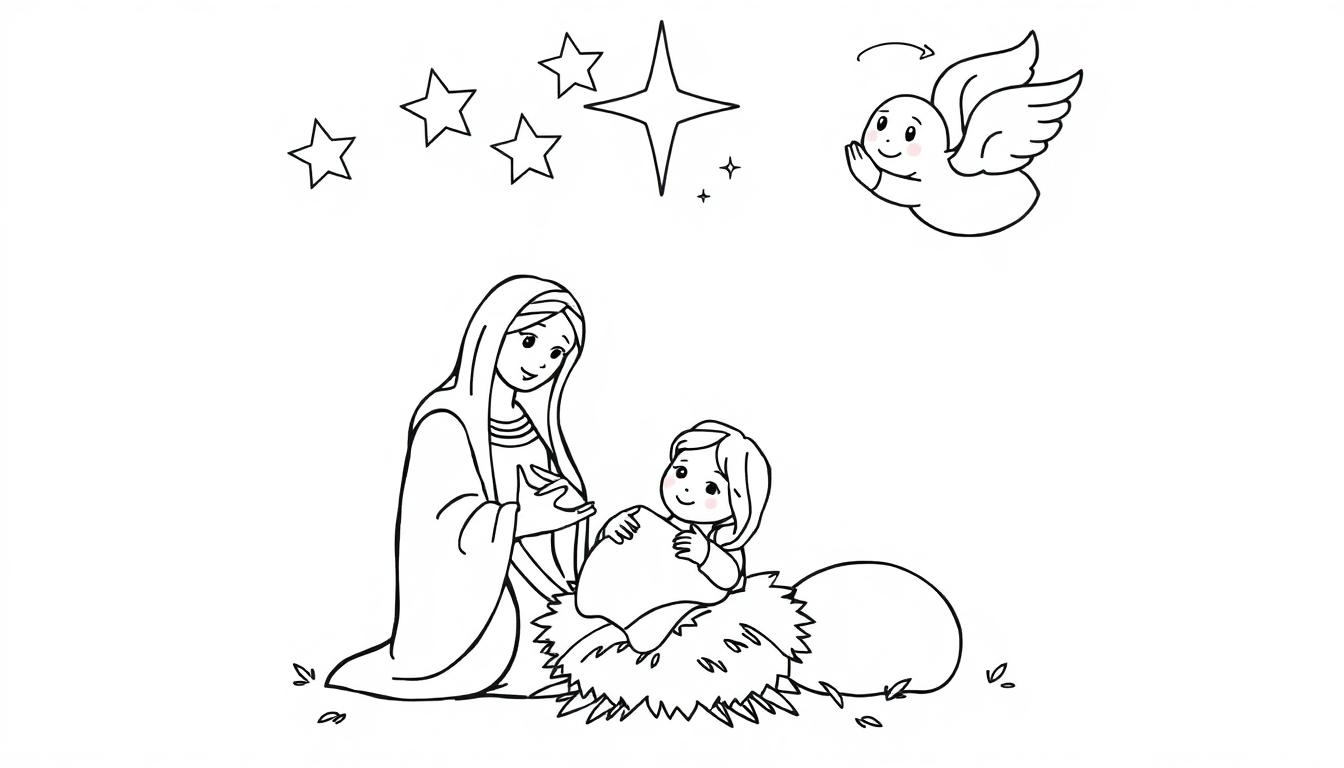 Eine Schwarz-Weiß-Farbtafel einer Krippenszene mit Maria, die auf das Jesuskind herabblickt, Sterne und einem winkenden Engel.