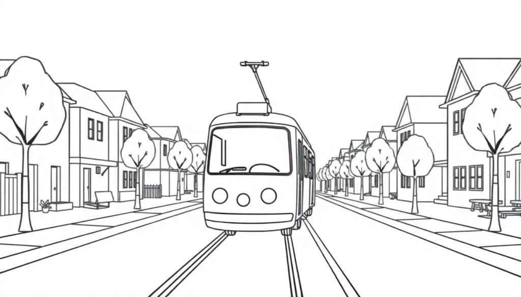 Schwarz-weiße Farbtafel einer Straßenbahn, die sich auf eine ruhige Vorstadtstraße zubewegt, gesäumt von Häusern mit Vorgärten und Bäumen.