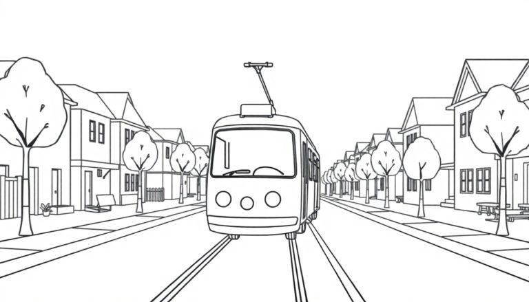 Schwarz-weiße Farbtafel einer Straßenbahn, die sich auf eine ruhige Vorstadtstraße zubewegt, gesäumt von Häusern mit Vorgärten und Bäumen.