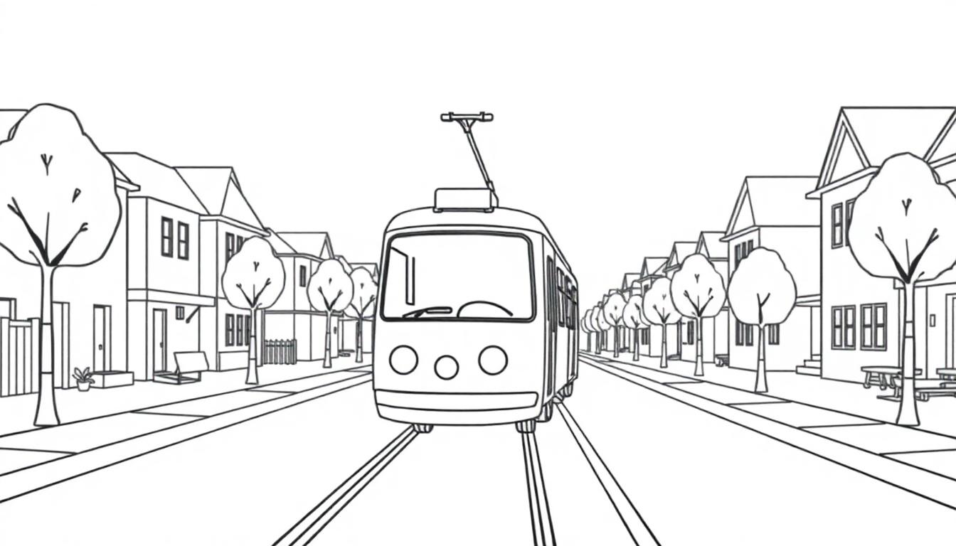Schwarz-weiße Farbtafel einer Straßenbahn, die sich auf eine ruhige Vorstadtstraße zubewegt, gesäumt von Häusern mit Vorgärten und Bäumen.