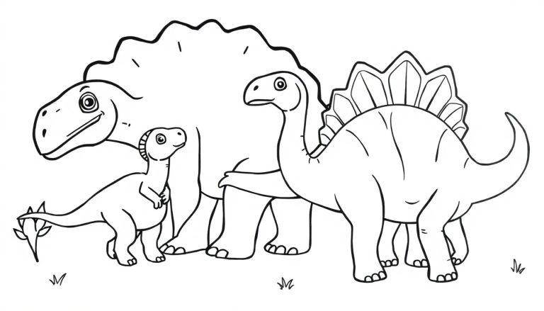 Farbtafel: Ein Cartoon-Ausmalbild mit einem großen Ankylosaurus im Hintergrund, einem kleinen, glücklichen Diplodocus und einem Stegosaurus mit Rückenplatten und Schwanzstacheln.