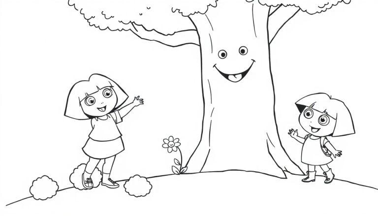 Schwarz-weiß-Farbtafel: Dora die Entdeckerin winkt neben einem sprechenden Baum.