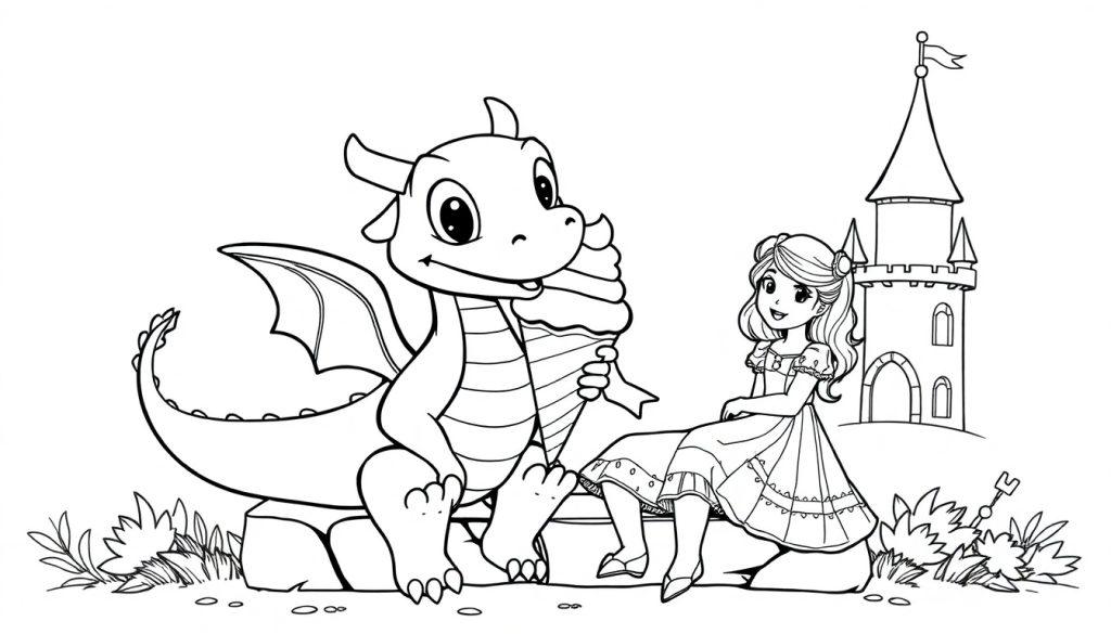 Farbtafel: Ein freundlicher Cartoon-Drache teilt ein Eis mit einer Prinzessin vor einem Märchenschloss.
