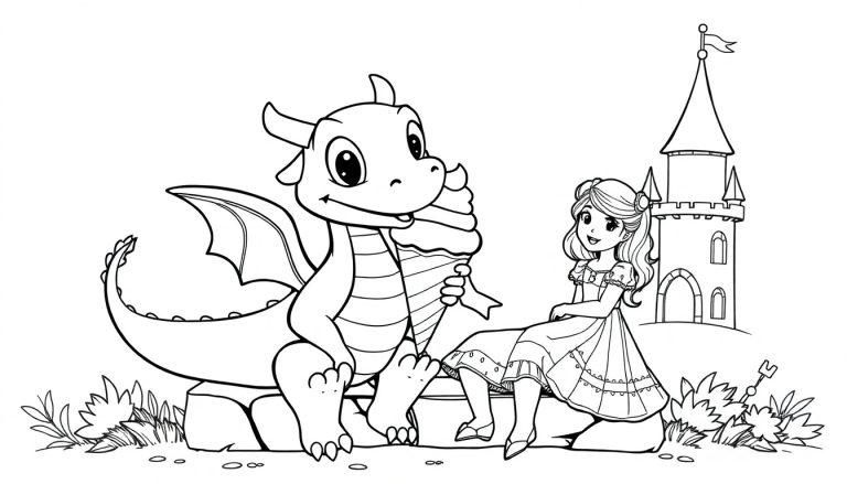 Farbtafel: Ein freundlicher Cartoon-Drache teilt ein Eis mit einer Prinzessin vor einem Märchenschloss.